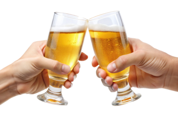 Cheers Two hands clinking beer glasses full of golden ale on white background