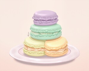 A delightful anime illustration of a small stack of colorful macarons (lavender, mint green, pale yellow) with their characteristic smooth shells and delicate "feet," arranged on a simple plate agains