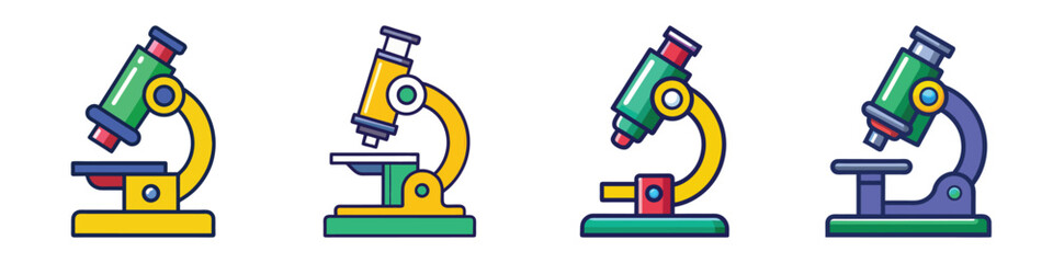 Cartoon depiction of four different colored microscopes for educational illustration