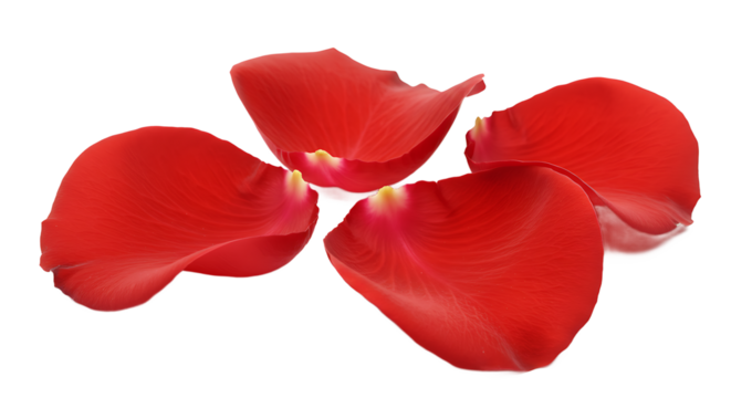 Close up of four vibrant red rose petals scattered on a stark black background in a studio setting