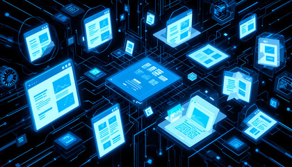 AI in Document Analysis: Machine Learning Extracting Data from Unstructured Content. Futuristic Digital Interface with Floating Web Pages in 3D Space
