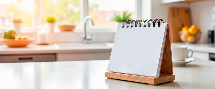 Spiral calendar on modern kitchen counter, morning organization