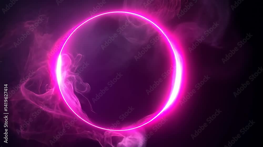 Poster glowing pink neon circle with dynamic particle cloud background in dark space