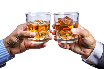 A celebratory toast two hands holding whiskey glasses with ice cubes
