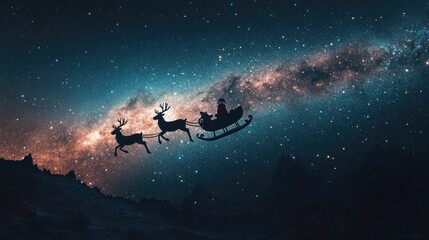 Obraz premium Silhouette sleigh, reindeer, starry night sky.