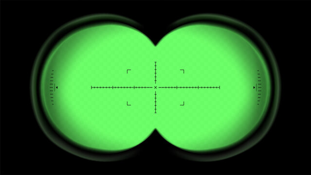 Night vision binoculars sight. Green POV viewfinder overlay with crosshair for military or surveillance optics. Vector illustration