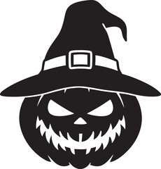 Scary Halloween Pumpkin with Witch Hat, black silhouette vector illustration on white background