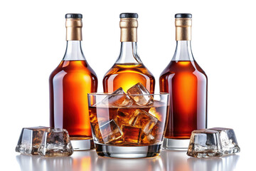 Sophisticated arrangement featuring whiskey bottles and a refreshing drink with ice cubes