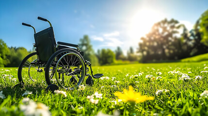 Empty Wheelchair In A Lush Green Meadow Under Sunny Sky