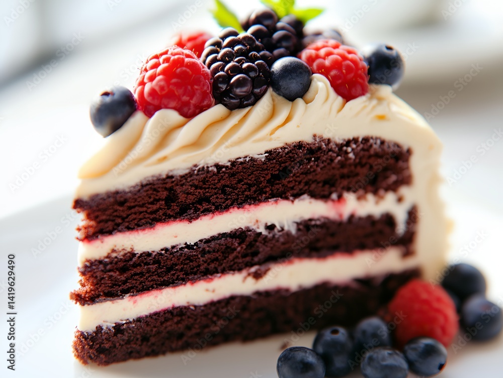 Poster a slice of chocolate cake with whipped cream and raspberries on top. the cake is cut into three laye