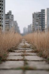 Overgrown concrete tile Pathway in a background of Deserted Urban Area. Desolation, abandoned city, war