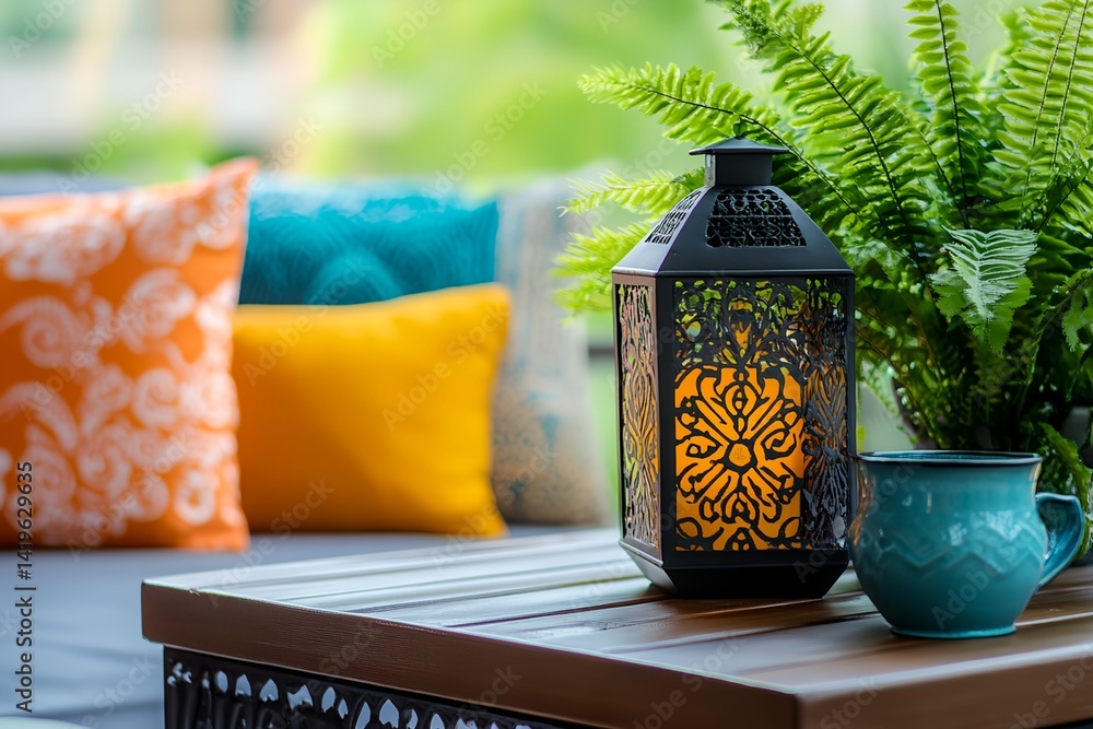 Poster a table with a blue mug and a black lantern on it. the lantern is lit and the table is surrounded by
