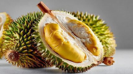 Obraz premium Fresh Durian Fruit with Spiky Skin and Creamy Yellow Flesh