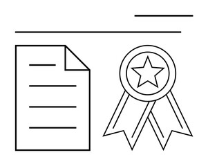 Obraz premium Document next to award ribbon with star represents accomplishment, certification, or quality assurance. Ideal for education, awards, certification, professional achievement, branding, quality