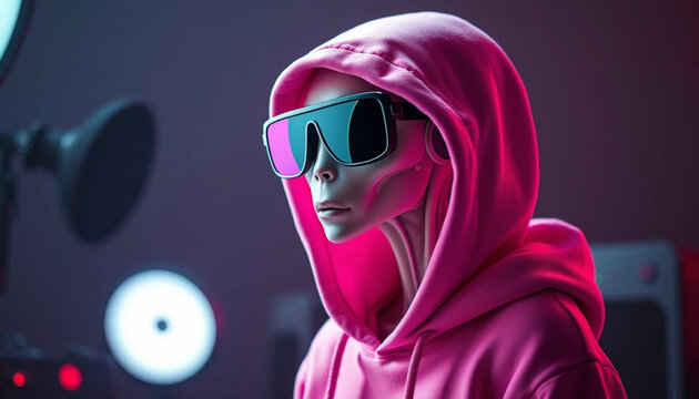 Alien Wearing Hoodie and Sunglasses in Recording Studio Setup Portrait