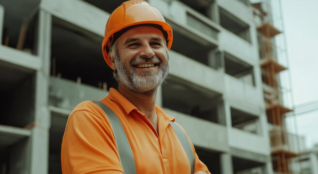 Gerente feliz com capacete para seguran&ccedil;a, desenvolvimento ou constru&ccedil;&atilde;o, canteiro de obras