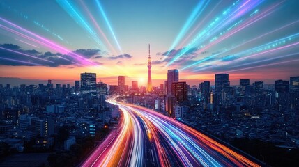 Fototapeta premium Dynamic Cityscape with Colorful Light Beams Symbolizing Fast Data Trans