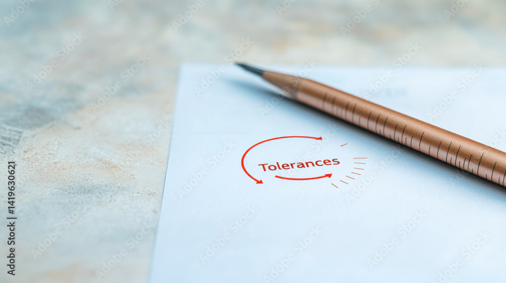 Aufkleber pen rests on sheet of paper featuring word tolerances, emphasizing quality control in documentation