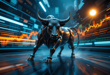 Futuristic Bull Symbolizing Financial Growth with Stock Market Trends