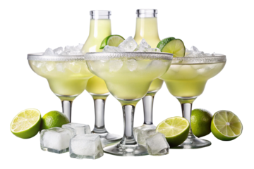 Refreshing margaritas with lime and ice in stylish glasses on a bright background