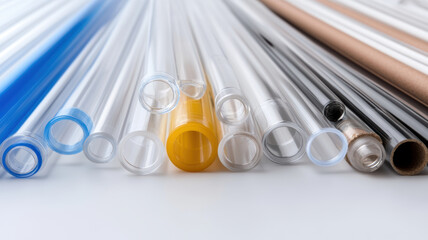 Transparent tubes in various sizes and materials showcase quality and control in design and manufacturing