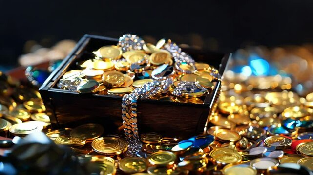 A treasure chest overflows with shiny coins and sparkling gems in a vibrant display. The scene is illuminated by soft light, creating a magical atmosphere of wealth and abundance.