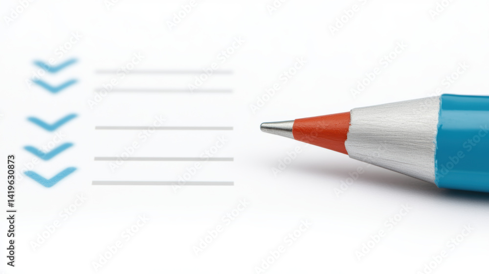 Poster blue pen is positioned next to checklist with blue checkmarks white background, emphasizing quality 