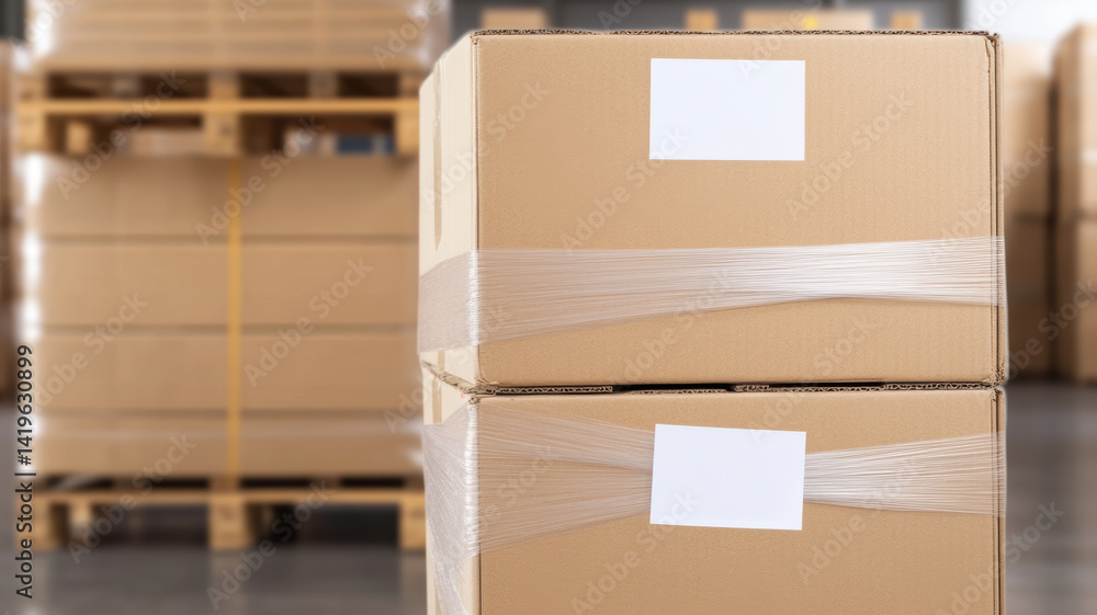 Poster cardboard boxes stacked on pallets in warehouse setting showcase quality control in packaging and st