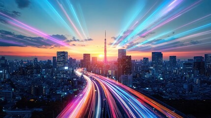 Fototapeta premium Dynamic Cityscape with Colorful Light Beams Symbolizing Fast Data Trans