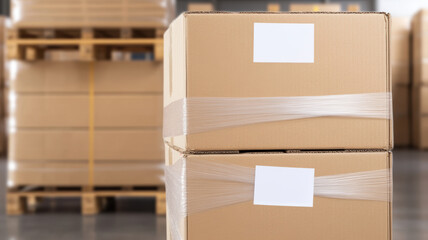 Cardboard boxes stacked on pallets in warehouse setting showcase quality control in packaging and storage efficiency
