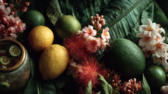 Fresh Fruits and Tropical Flowers on Green Leaves Decorative Arrangement