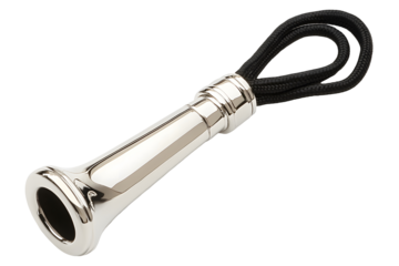 Polished silver-toned object with black cord