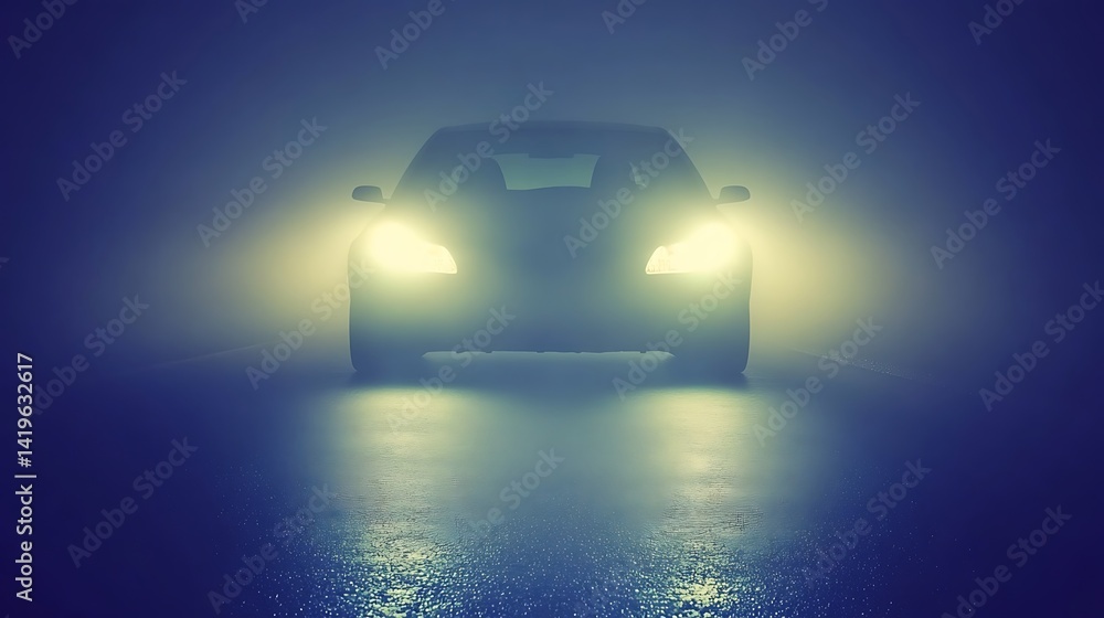 Poster car illuminated by headlights in foggy conditions on an empty road at night, creating a mysterious a