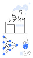 Factory building with smoke stacks, neural network diagram, coins falling into hand. Ideal for AI in manufacturing, automation, efficiency, finance, data analysis, innovation simple landing page