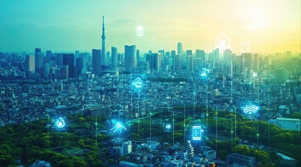 Fototapeta premium Cityscape with Green Spaces, Sustainable Buildings, and Digital Icons of Technological Innovation