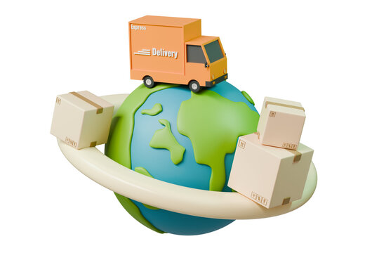 3d International Delivery icon. International package delivery concept, Global Tariff purchases transportation business, stack of cardboard boxes and Earth globe isolated on blue background. 3d render