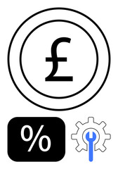 Pound sign inside circular coin outline, along with percentage icon and gear with wrench. Ideal for finance, banking, investment, savings, interest rates, financial tools, flat simple metaphor