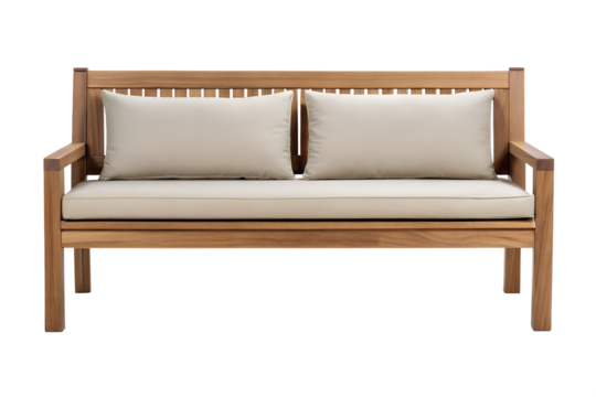 Twoseater wooden outdoor bench with beige cushions and neutral background, studio shot
