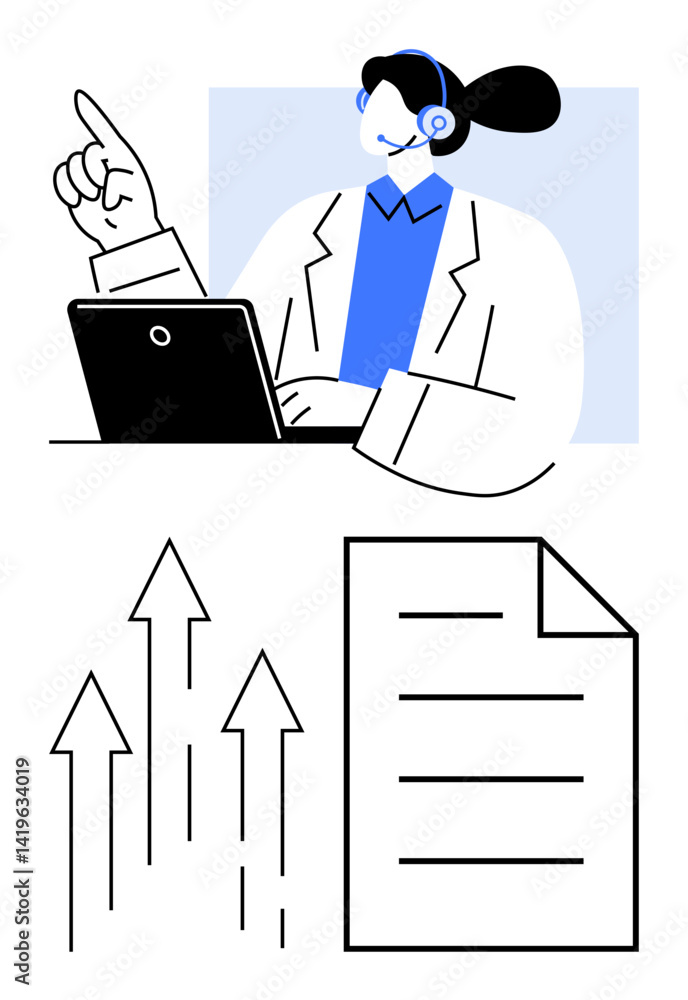 Poster customer service professional using a laptop. growth arrows and document represent progress, learnin