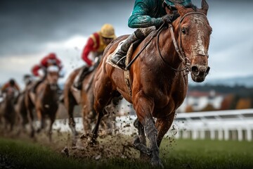 Fototapeta premium Exciting Horse Race with Jockeys in Action on a Muddy Track