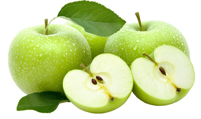 Fresh green apples with leaves and slices