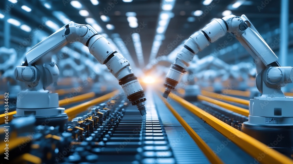 Aufkleber futuristic automated factory: industrial robots on assembly line