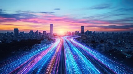 Fototapeta premium Wide-Angle City Skyline at Sunset with Vibrant Data Streaks and Abstract Internet Waves