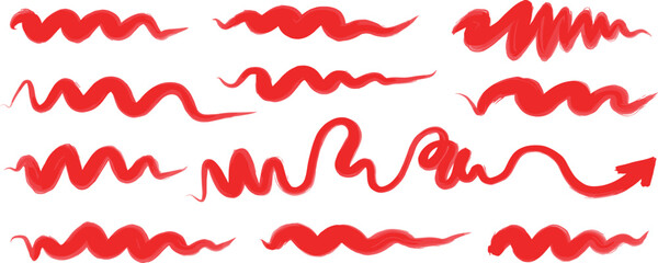 Red marker underline brush stroke set. Marker red pen highlights squiggle stroke. Vector swoosh brush handwritten underline set for accent, pencil emphasis element