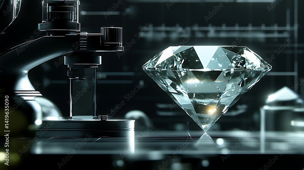 Aufkleber close-up of a clear diamond next to a microscope in a high-tech laboratory setting with data visuals
