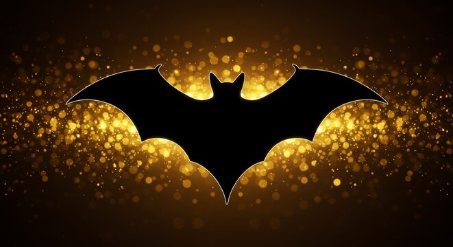 Abstract Bat Silhouette with Sparkling Golden Bokeh Lights Background