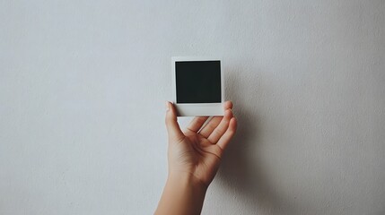 A girl hand holding a vintage polaroid photo mockup minimalist vintage card .