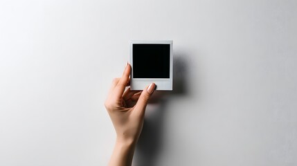 A girl hand holding a vintage polaroid photo mockup minimalist vintage card .