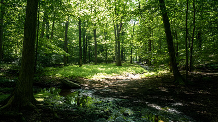 Obraz premium Sunlit Forest Creek Path