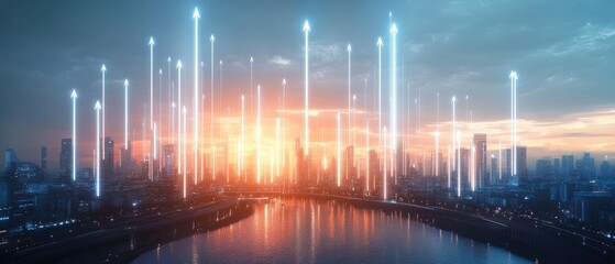 Futuristic Cityscape with Upward Digital Arrows Symbolizing Urban Technological Growth and Progress